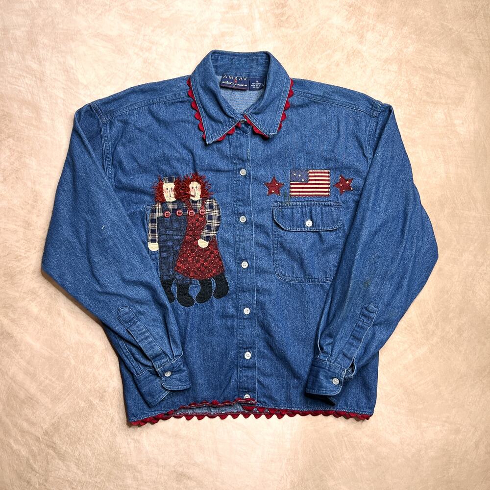 Vintage 90s Rag Doll Denim Shirt Embroidered Patchwork American Flag Grandma